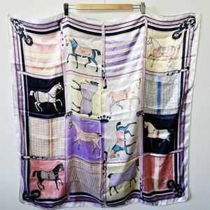 Vintage Equestrian Satin Scarf Horse Racing Kentucky Derby Square 35" Wrap